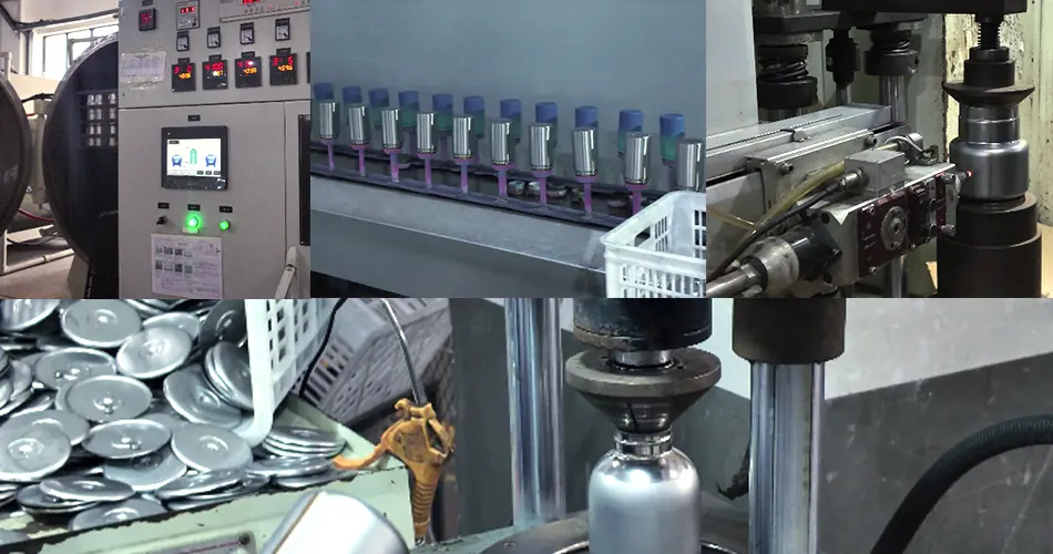 A image shows stainless steel water bottle production process in factory.